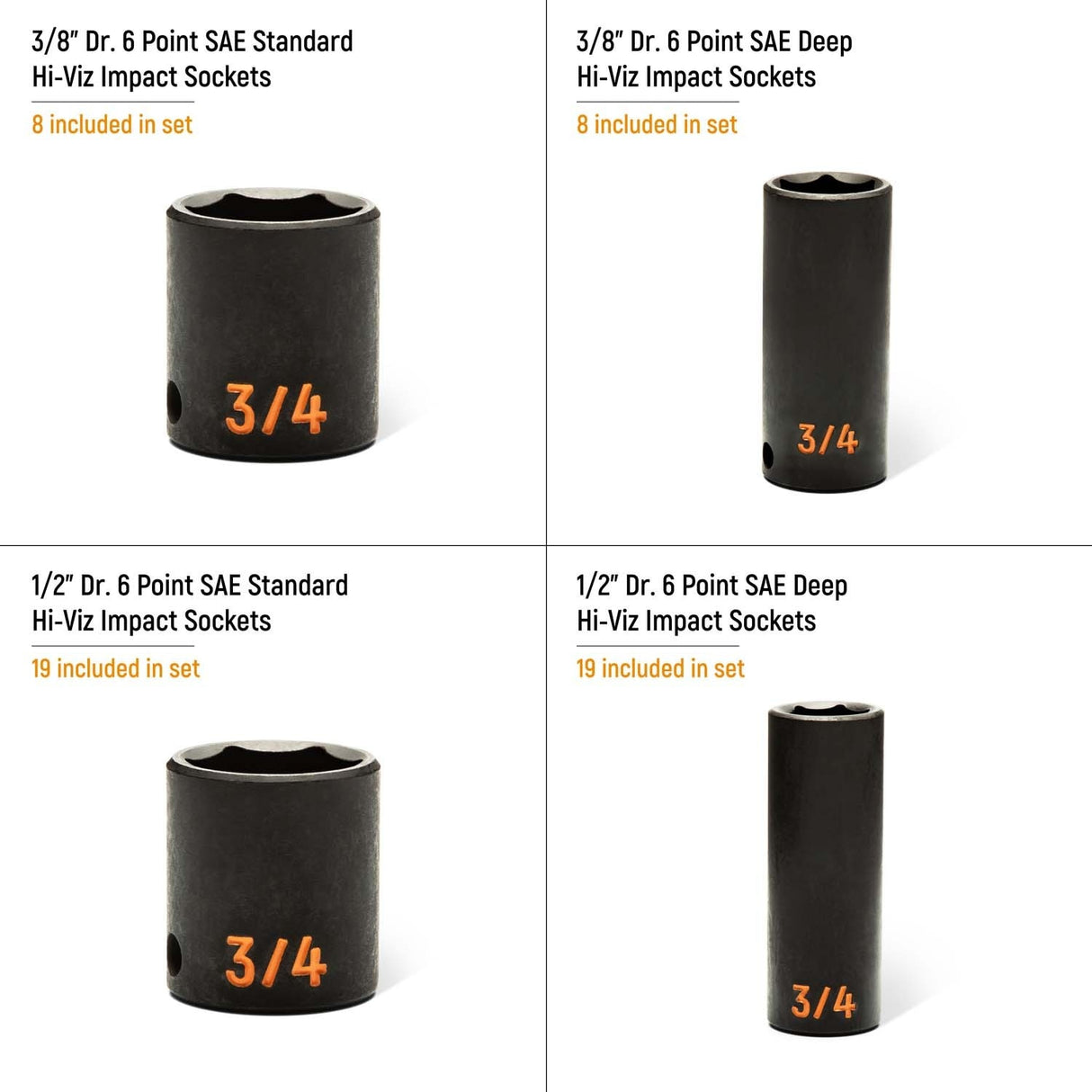 GearWrench GWMSISKHSAE 3/8 in and 1/2 in Drive 6 Point SAE Hi-Viz Impact Socket Set with Foam Tray (54 Piece) - 5