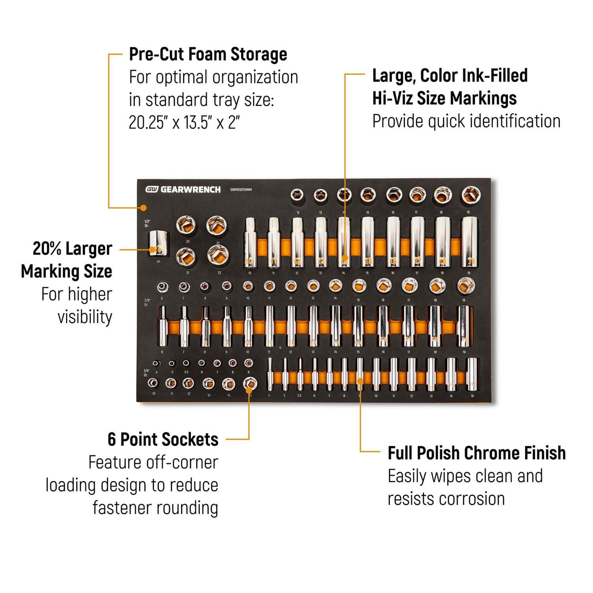 GearWrench GWMSSKTHMM Hi-Viz Metric Chrome Socket Set with Foam Tray 1/4 in 3/8 in 1/2 in Drive (77 Piece) - 2