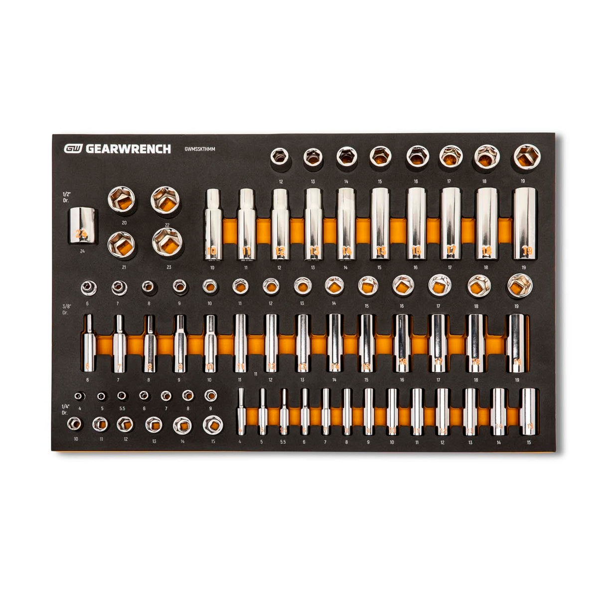GearWrench GWMSSKTHMM Hi-Viz Metric Chrome Socket Set with Foam Tray 1/4 in 3/8 in 1/2 in Drive (77 Piece) - 4