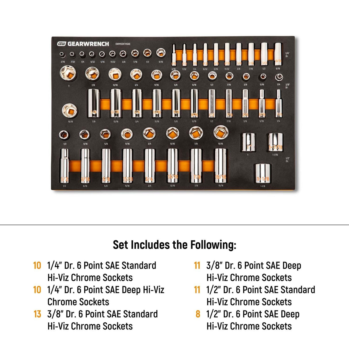 GearWrench GWMSSKTHSAE Hi-Viz 6 Point SAE Chrome Socket Set with Foam Storage Tray (63 Piece) - 5