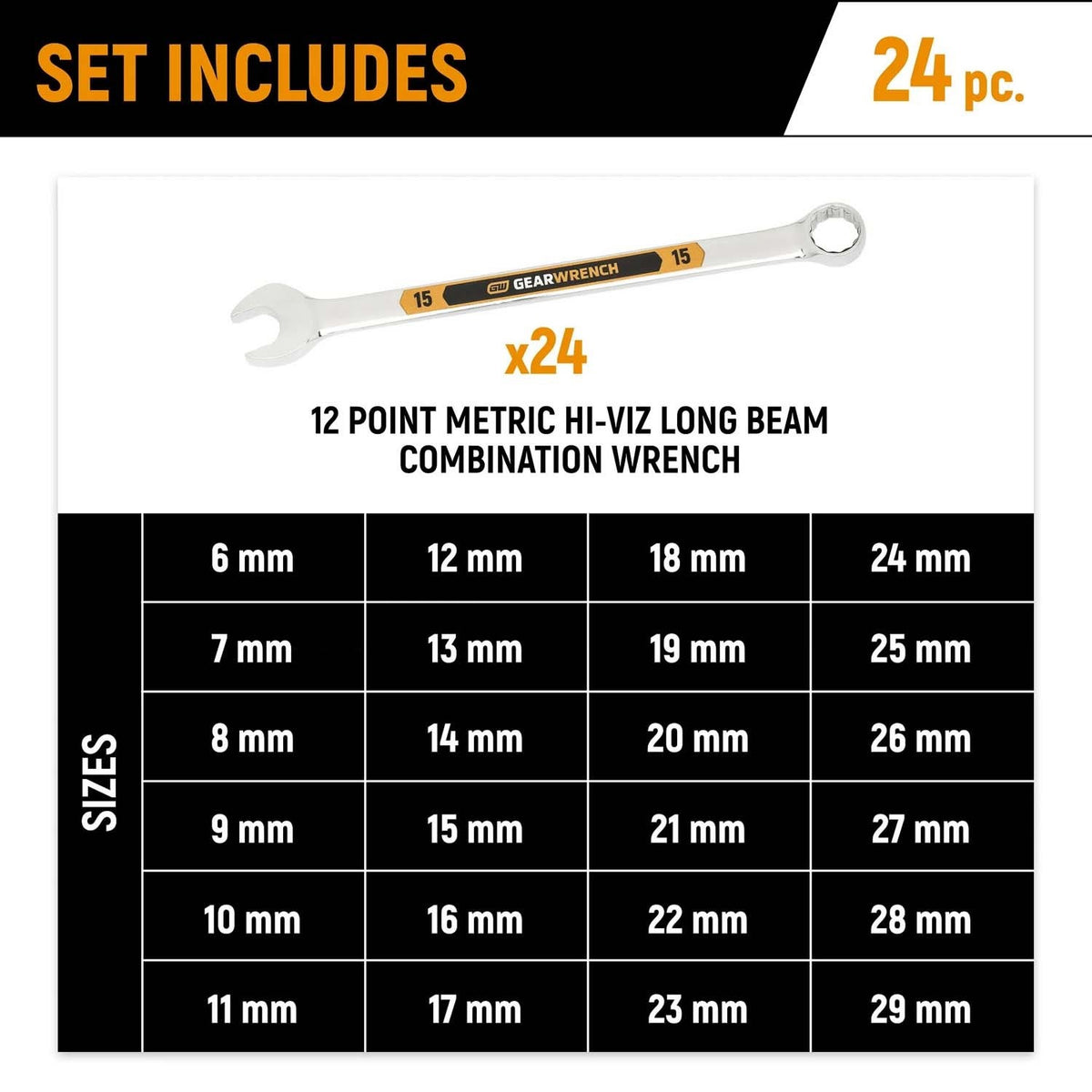 GearWrench GWMSSWHMM 12 Point Metric Hi-Viz Long Pattern Combination Wrench Set in Foam Storage Tray (24 Piece) - 6