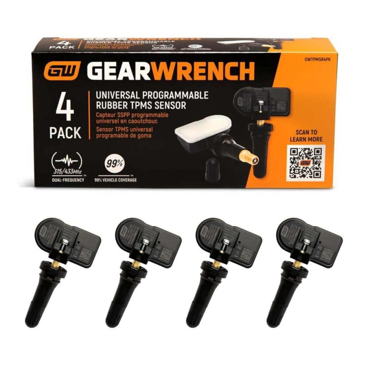 GearWrench GWTPMSR4PK Universal Programmable Rubber TPMS Sensor Dual Frequency (4 Pack)