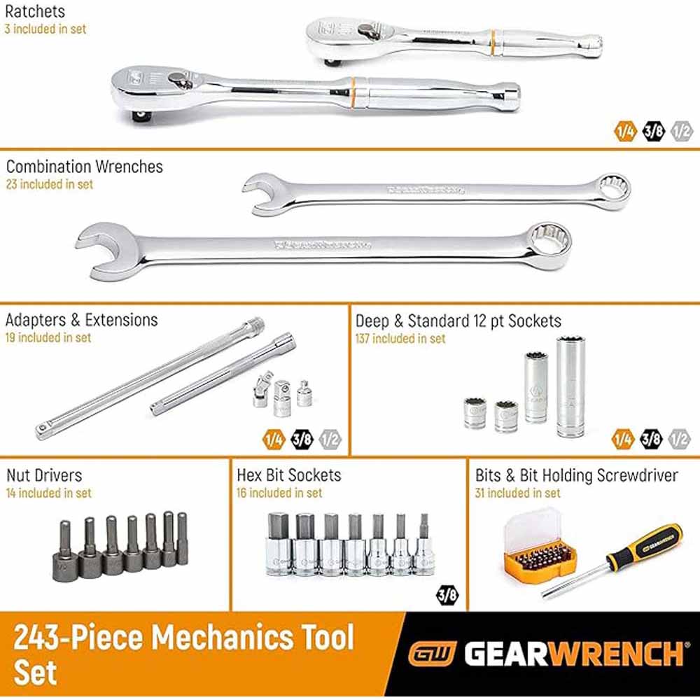 GearWrench 80966 243 Pc. 6 Point Mechanics Tool Set in 3 Drawer Storage Box - 2