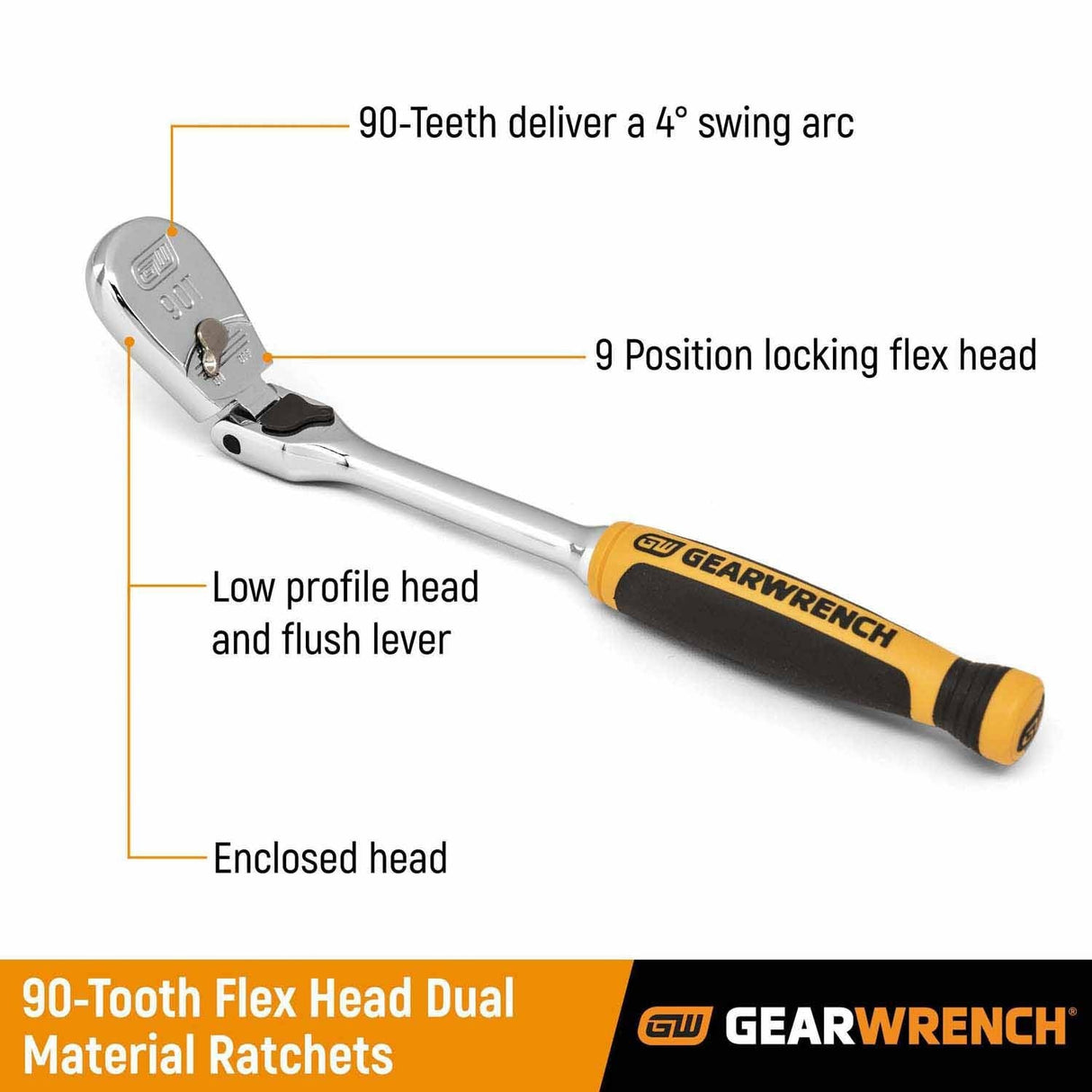 Gearwrench 81267T 3/8" Drive 90-Tooth Dual Material Locking Flex Head Teardrop Ratchet 13" - 2