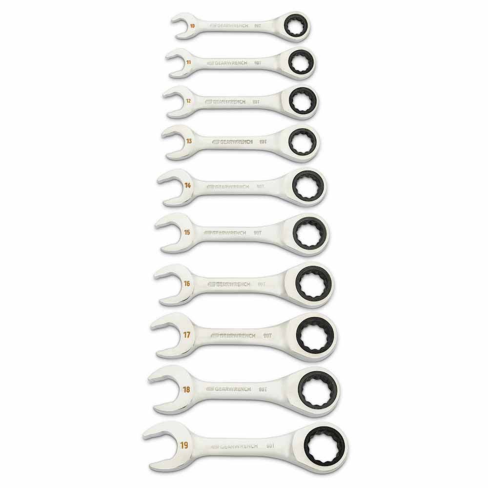 GearWrench 86850 10 Piece 90-Tooth 12 Point Metric Stubby Ratcheting Combination Wrench Set