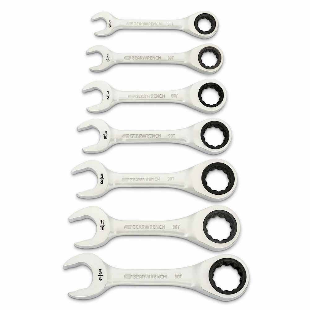 GearWrench 86858 7 Piece 90-Tooth 12 Point SAE Stubby Ratcheting Combination Wrench Set