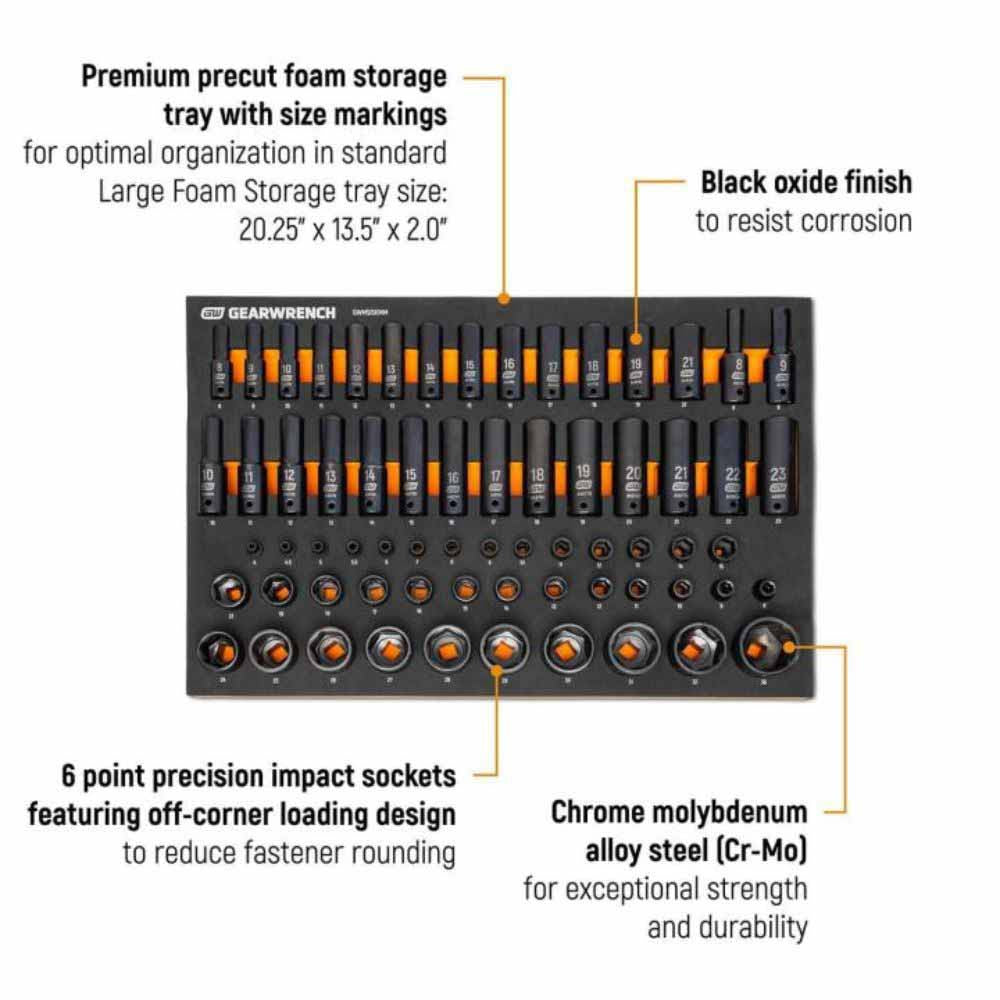 Gearwrench GWMSISKMM 66 Pc. 1/4”, 3/8”, 1/2” Drive 6 Point Metric Impact Socket Set in Foam Storage Tray - 2