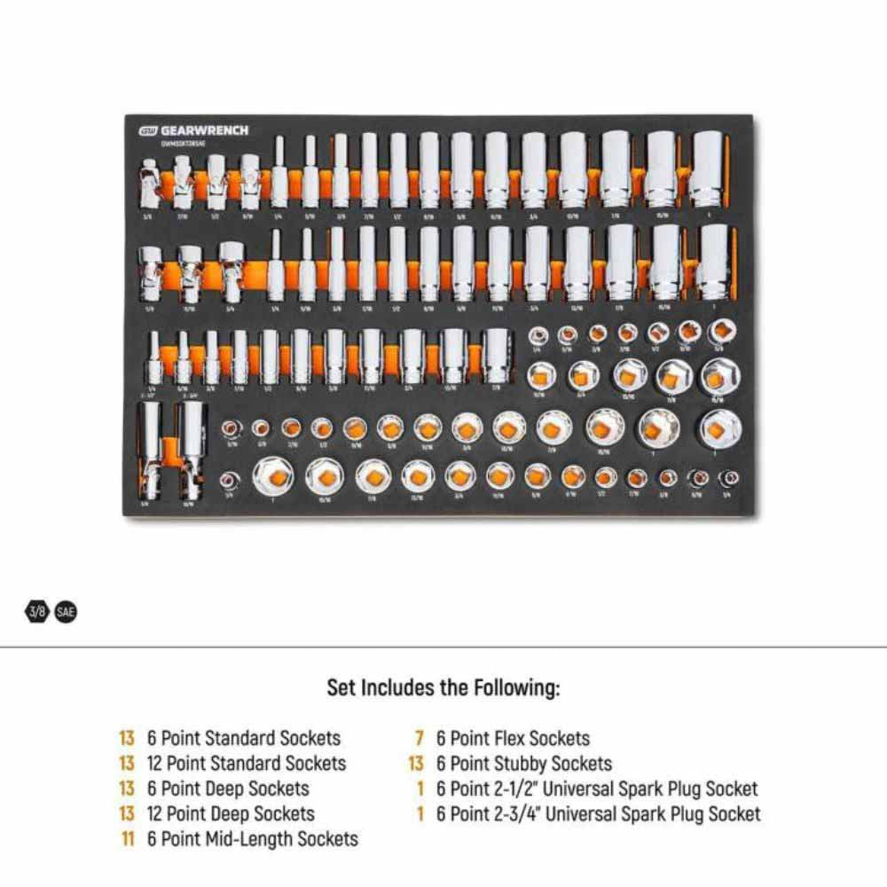 Gearwrench GWMSSKT38SAE 85 Piece 3/8” Drive Master SAE Socket Set in Foam Storage Tray - 6