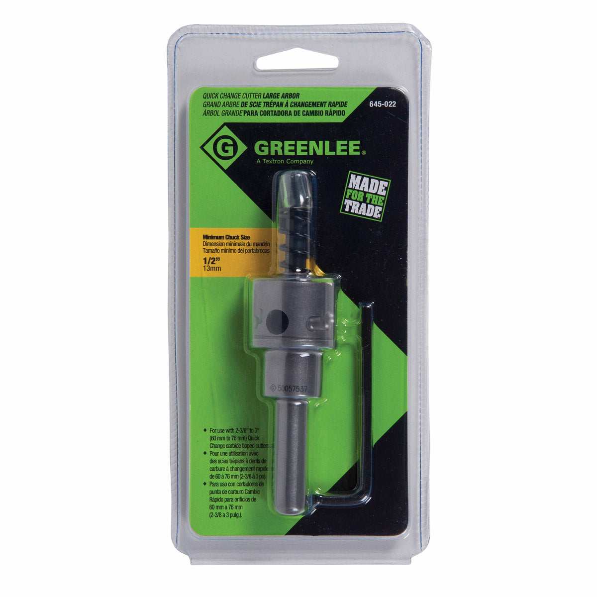 Greenlee 645-022 Quick Change Carbide-Tipped Arbor For 2-3/8" to 3" Cutters, 1/2" Shank - 2