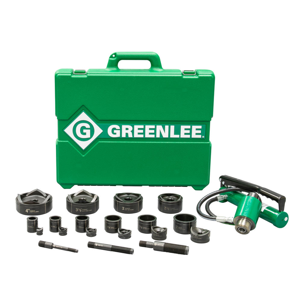 Greenlee 7310 Driver, Hand Pump, Standard Punches, Dies, and Draw Studs for 1/2 in. through 4in. Conduit, steel case.