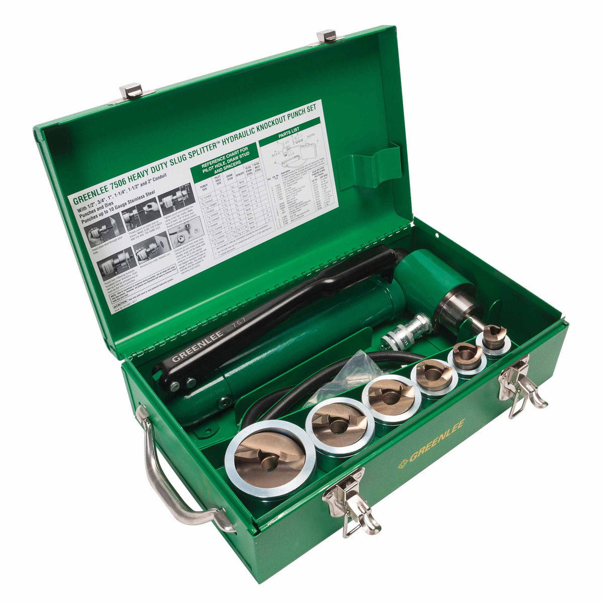 Greenlee 7506 1/2" - 2" Conduit Size Slug-Splitter Knockout Punch Kit with Hydraulic Ram and Hand Pump - 2