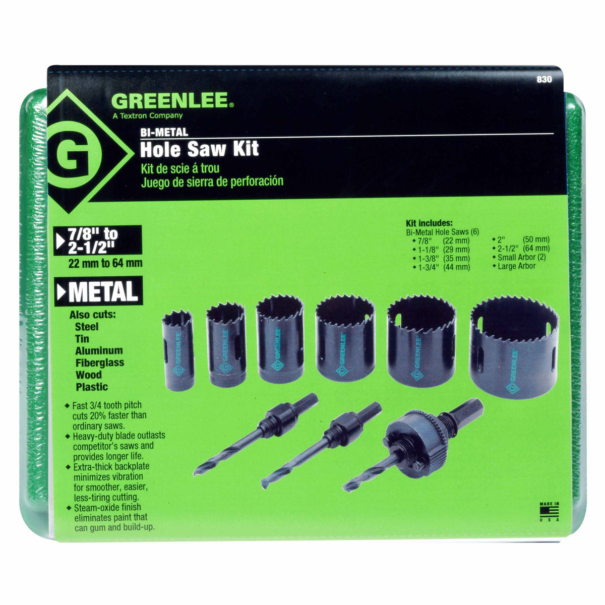 Greenlee 830 1/2" - 2" Conduit Size Bi-Metal Hole Saw Kit - 4