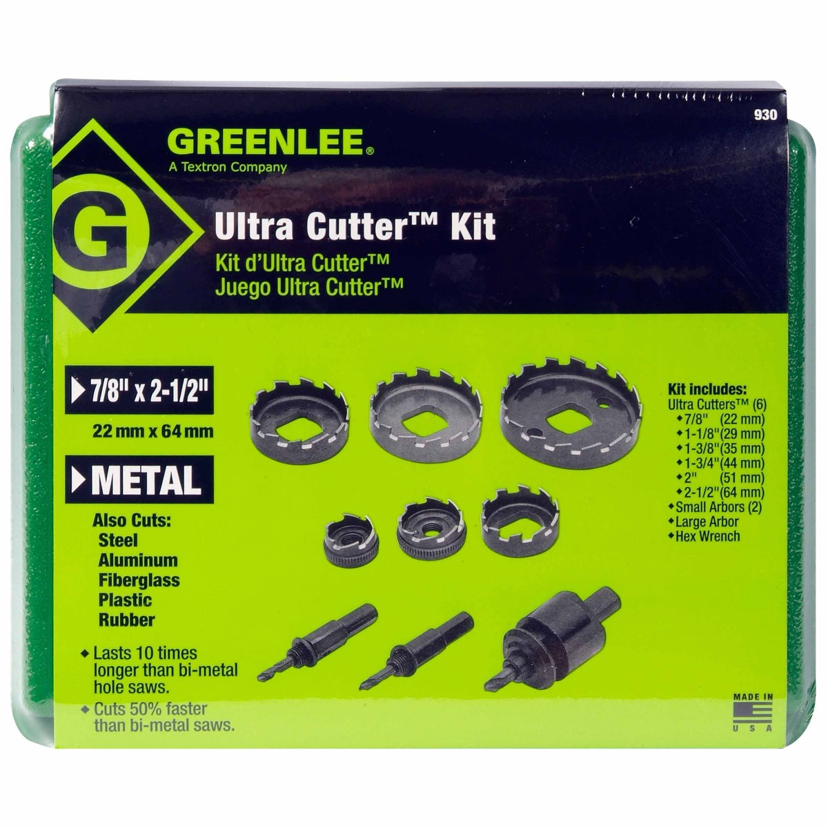 Greenlee 930 7/8 - 2-1/2" High Speed Steel Ultra Hole Saw Cutter Kit - 3