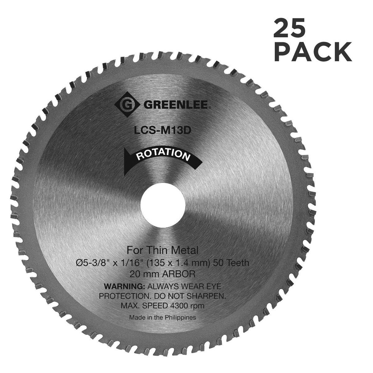 Greenlee LCS-M13D-25 5-3/8" x 1/16" Metal Circular Saw Blade, 20mm Arbor, 50T, 25 Pack