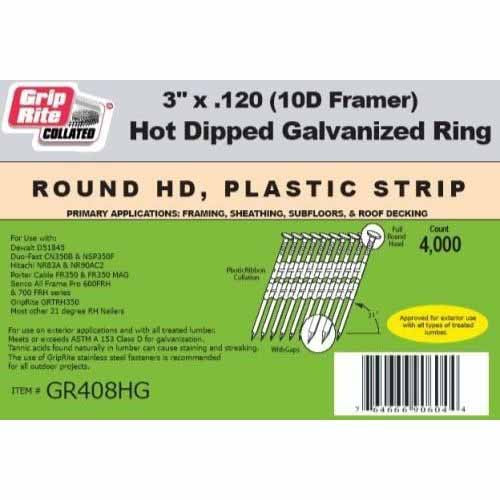 Grip-Rite GR408HG 3" X .120  Ring Shank Galvanized 21 Degree Gun Nail , 4/m - 3