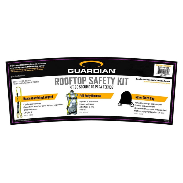 Guardian 00870 Rooftop Safety Kit with Harness and 6 ft Lanyard, Nylon Cinch Bag (1 Kit)