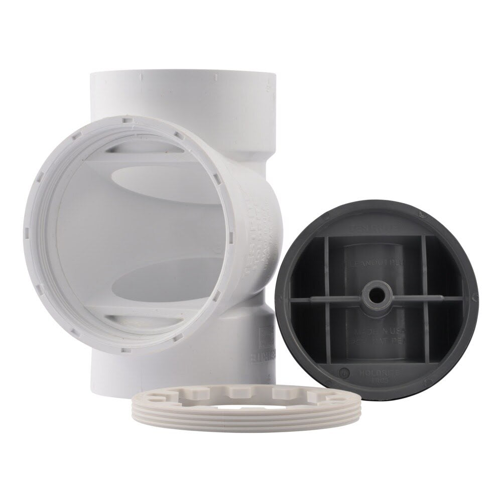 HoldRite TRPVC3A 3 in. PVC DWV Test Cleanout Tee with Spanner Ring and Plug - 2