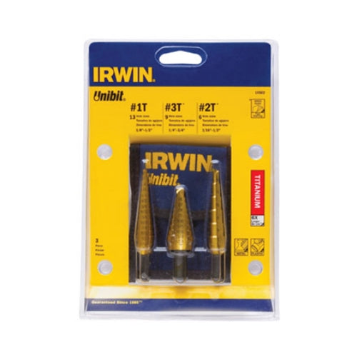 Irwin 15502 Unibit Titanium Nitride Coated Step Drill Bit 3-Piece Set: 1/4" to 3/4", 1/8" to 1/2", 3/16" to 1/2"