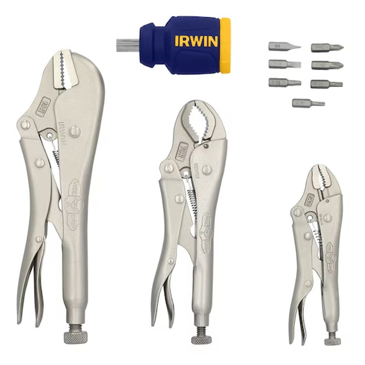 Irwin 2077703 Original Locking Pliers 3-Piece Set with 8-in-1 Stubby Multi-Tool Screwdriver