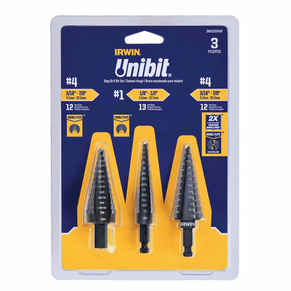 Irwin IWAS15504DF Unibit 3-Piece Set Step Drill Bit Set (3/16" to 7/8") - 2