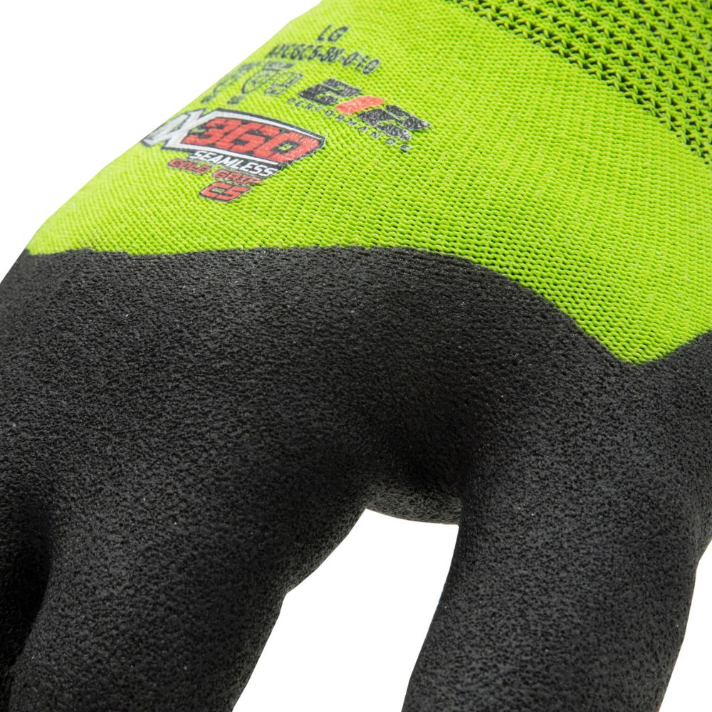 212 Performance AXCGC5-88-008 AX360 Seamless Nitrile-dipped Cut Resistant Cold Weather Hi-Viz Gloves (EN Level 5), Small Green;Black - 7