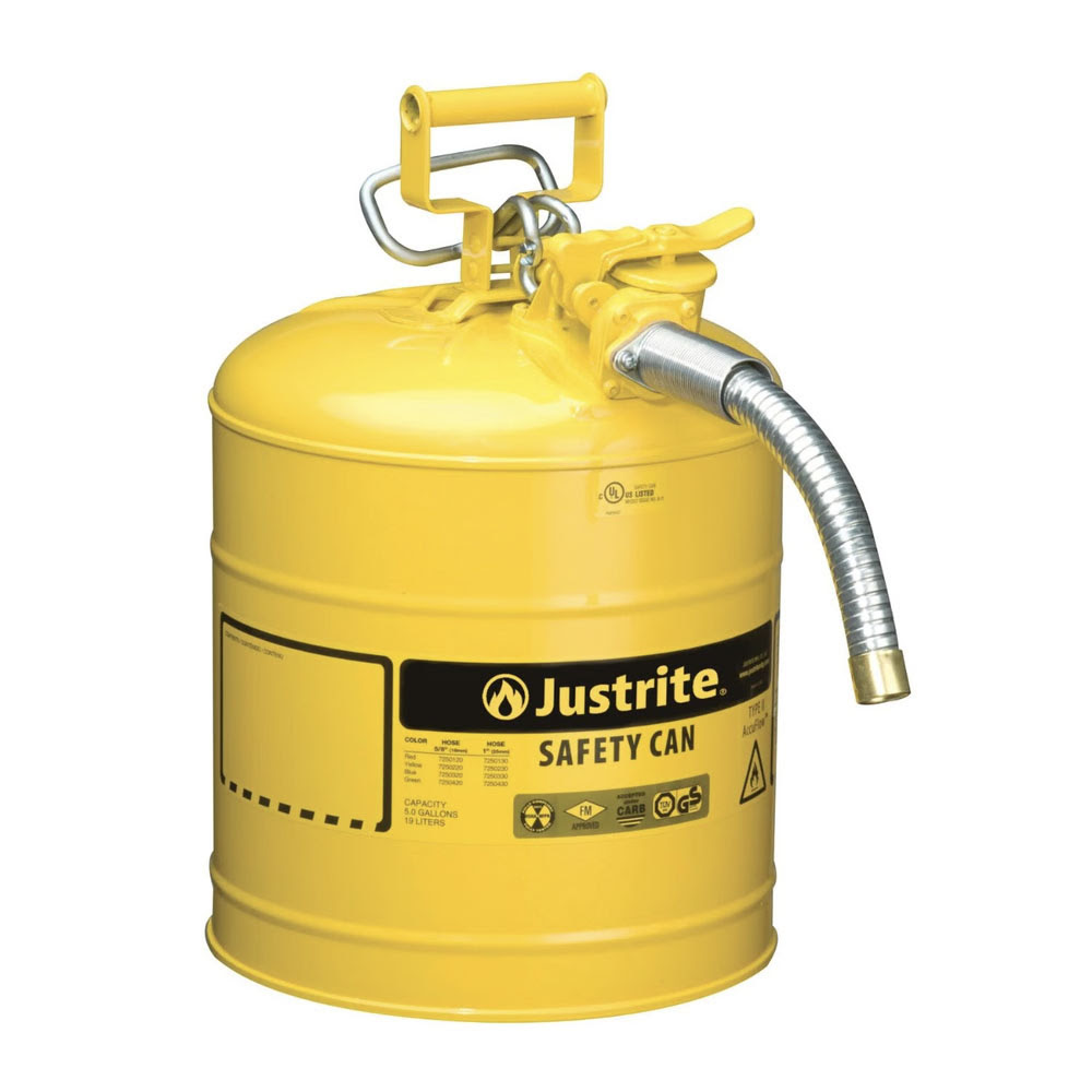 Justrite 7250230 5 Gallon Yellow Steel Safety Can for Diesel, Type II 1" Flexible 9" Long Metal Hose Spout