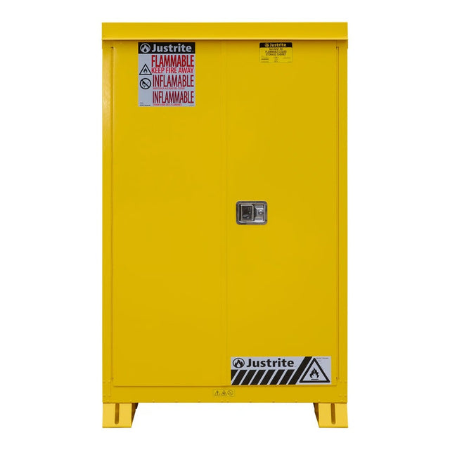Justrite 814520 45 Gallon Outdoor Flammable Storage Cabinet 43 x 18 x 65" with 2 Shelves Self Close Doors Yellow