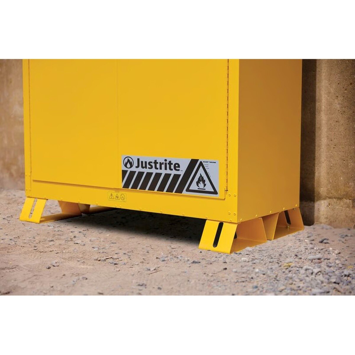 Justrite 814520 45 Gallon Outdoor Flammable Storage Cabinet 43 x 18 x 65" with 2 Shelves Self Close Doors Yellow - 4