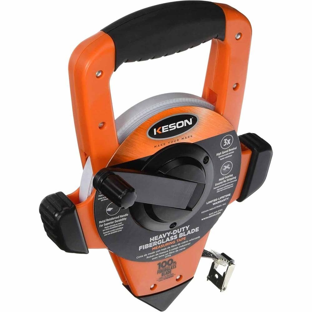 Keson OTRS18100 Fiberglass Open-Reel Measuring Tape, ft/in 1/8 graduations, Hook, Speed Rewind (100 ft)