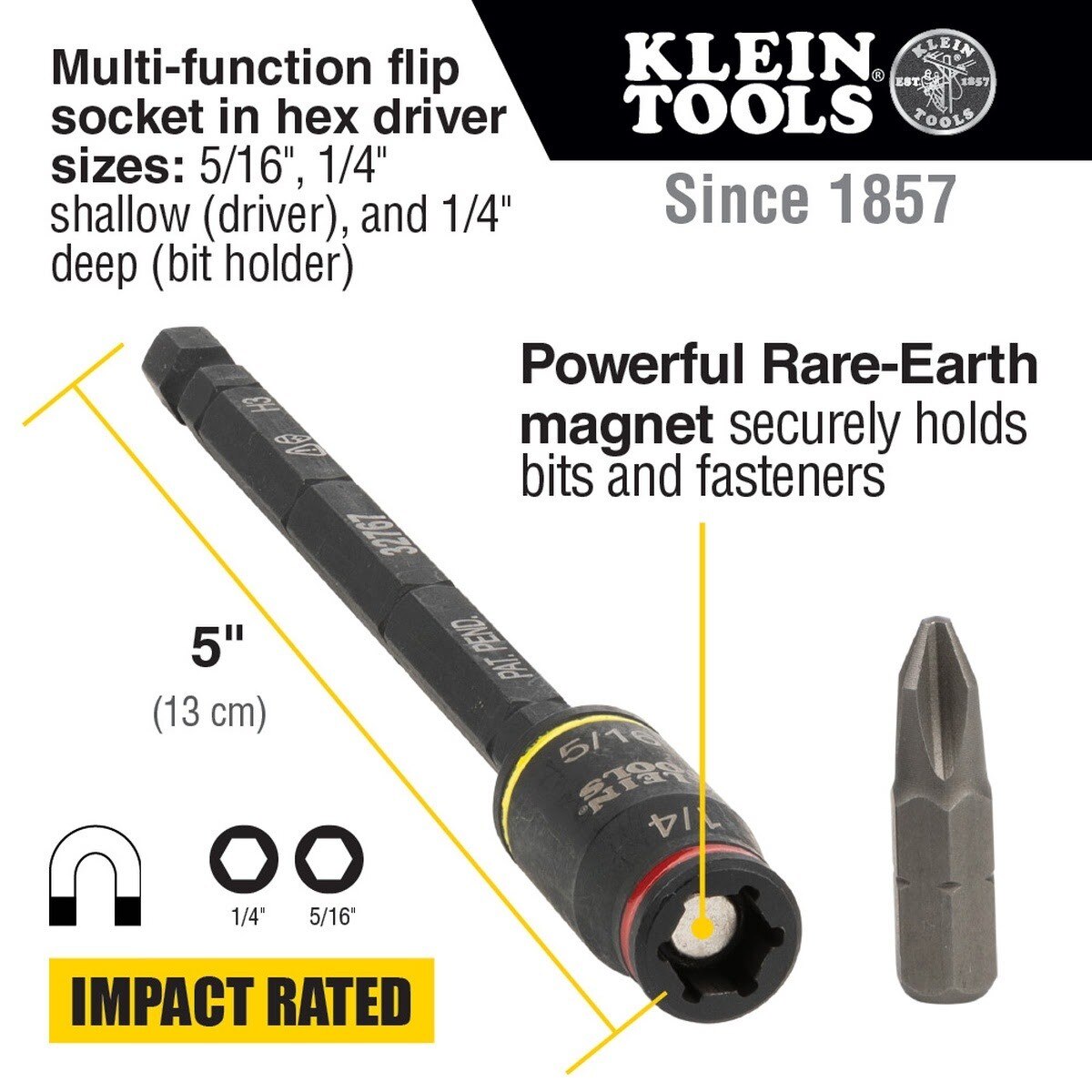 Klein 32767 3-in-1 Impact Flip Socket, 1/4 Inch and 5/16 Inch, 5 Inch Length - 2
