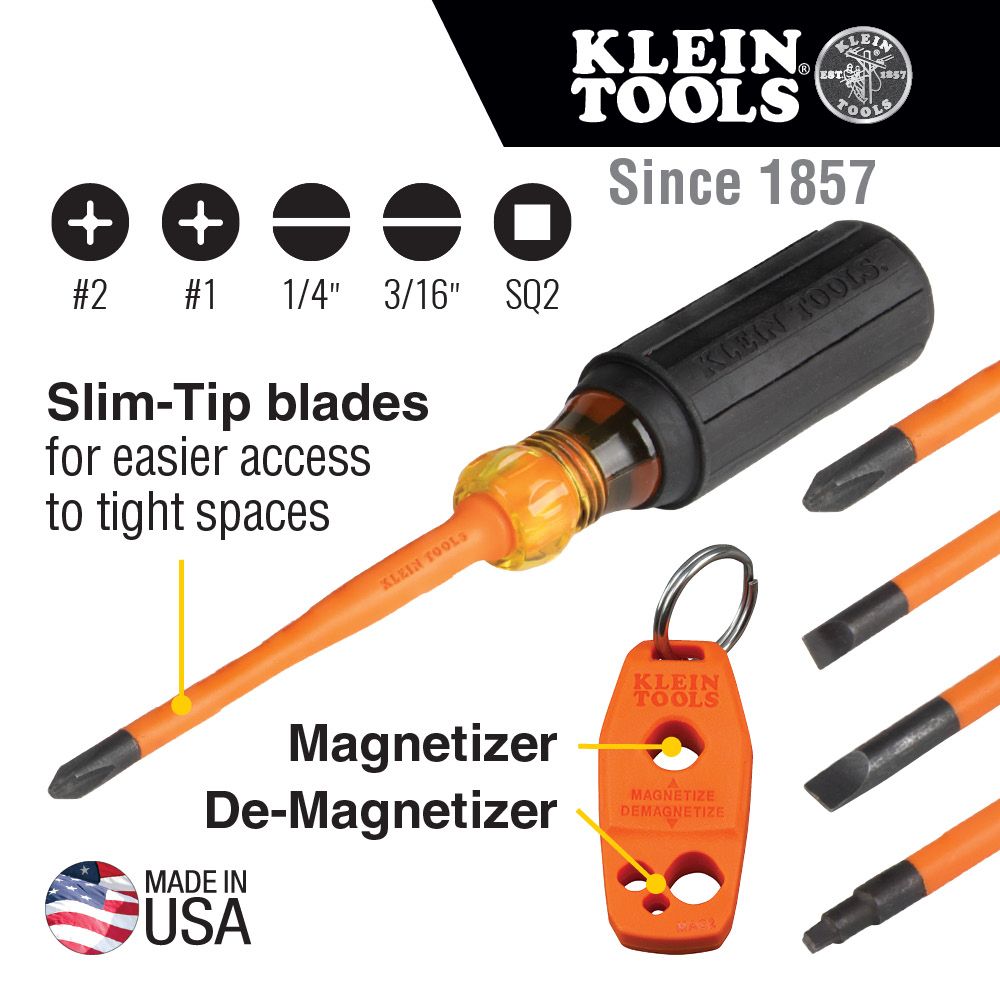 Klein 33736INS Screwdriver Set, 1000V Slim-Tip Insulated and Magnetizer, 6-Piece - 6