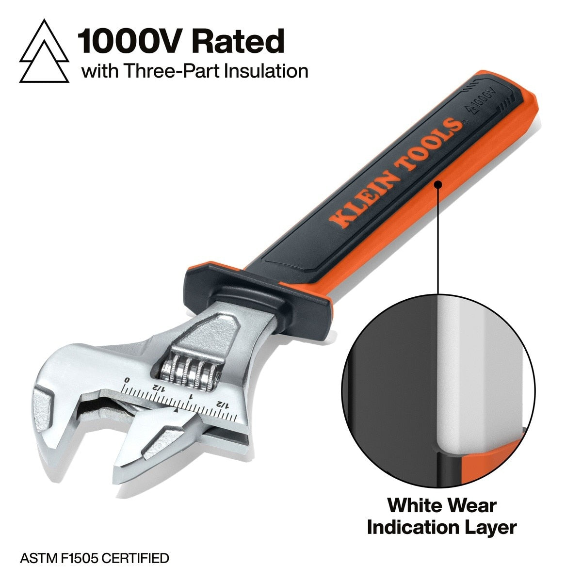 Klein 47130INS 12.5" 1000V Rated Insulated Adjustable Wrench with Wear Indicator - 2
