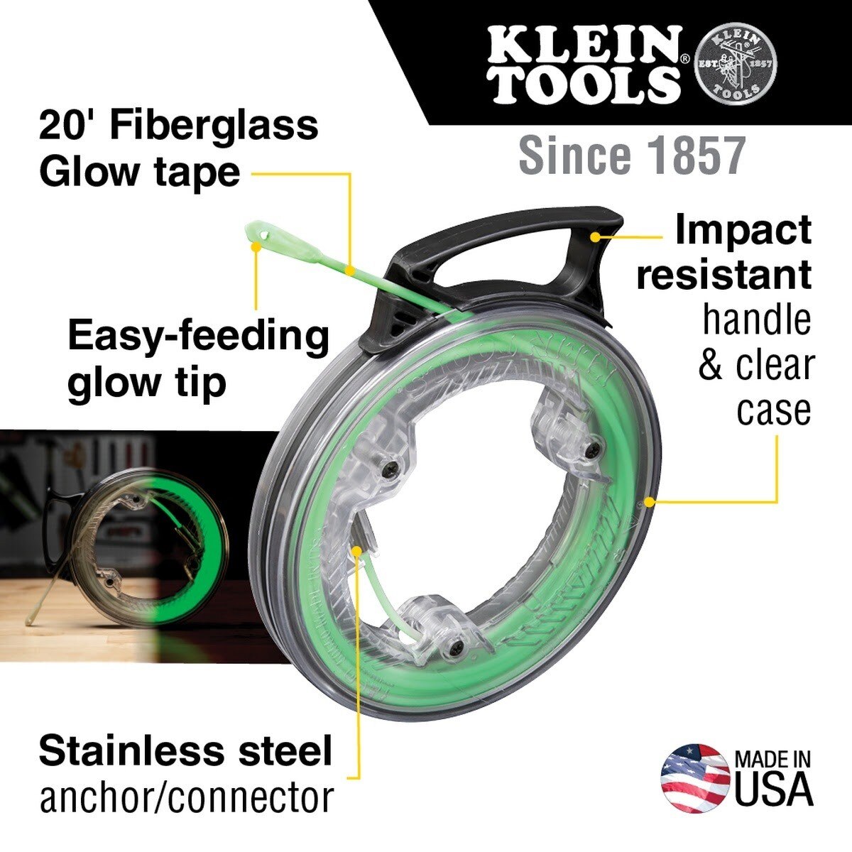 Klein 50550 Glow in the Dark Fiberglass Fish Tape with Clear Case and Nylon Glow Tip (20-Foot) - 2