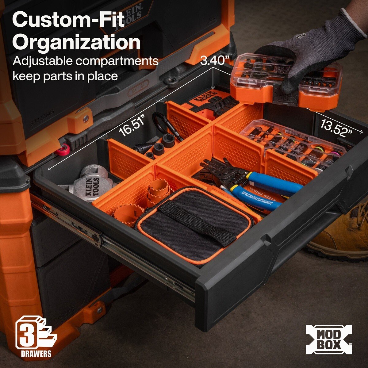 Klein 54890MB MODbox Three Drawer Rolling Toolbox with 10" Wheels and Locking Bar - 4