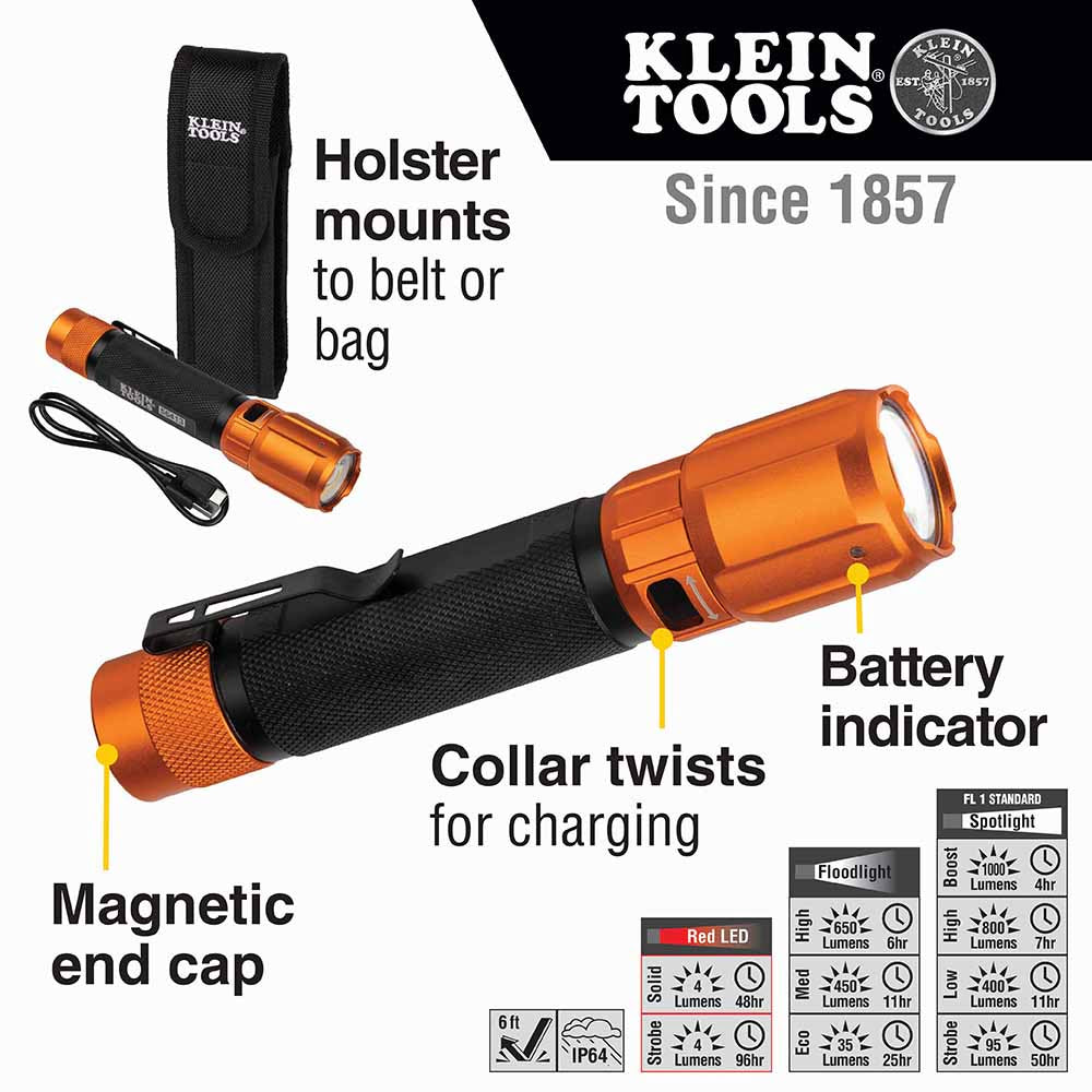 Klein 56413 Rechargeable 2-Color LED Flashlight w/ Holster - 2