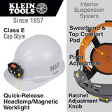 Klein 60107RL Hard Hat, Non-Vented, Cap Style with Rechargeable Headlamp, White - 2