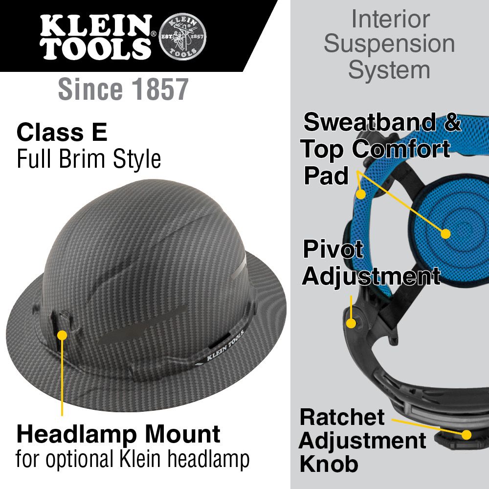 Klein 60345 Hard Hat, Premium KARBN Pattern, Non-Vented Full Brim, Class E - 9