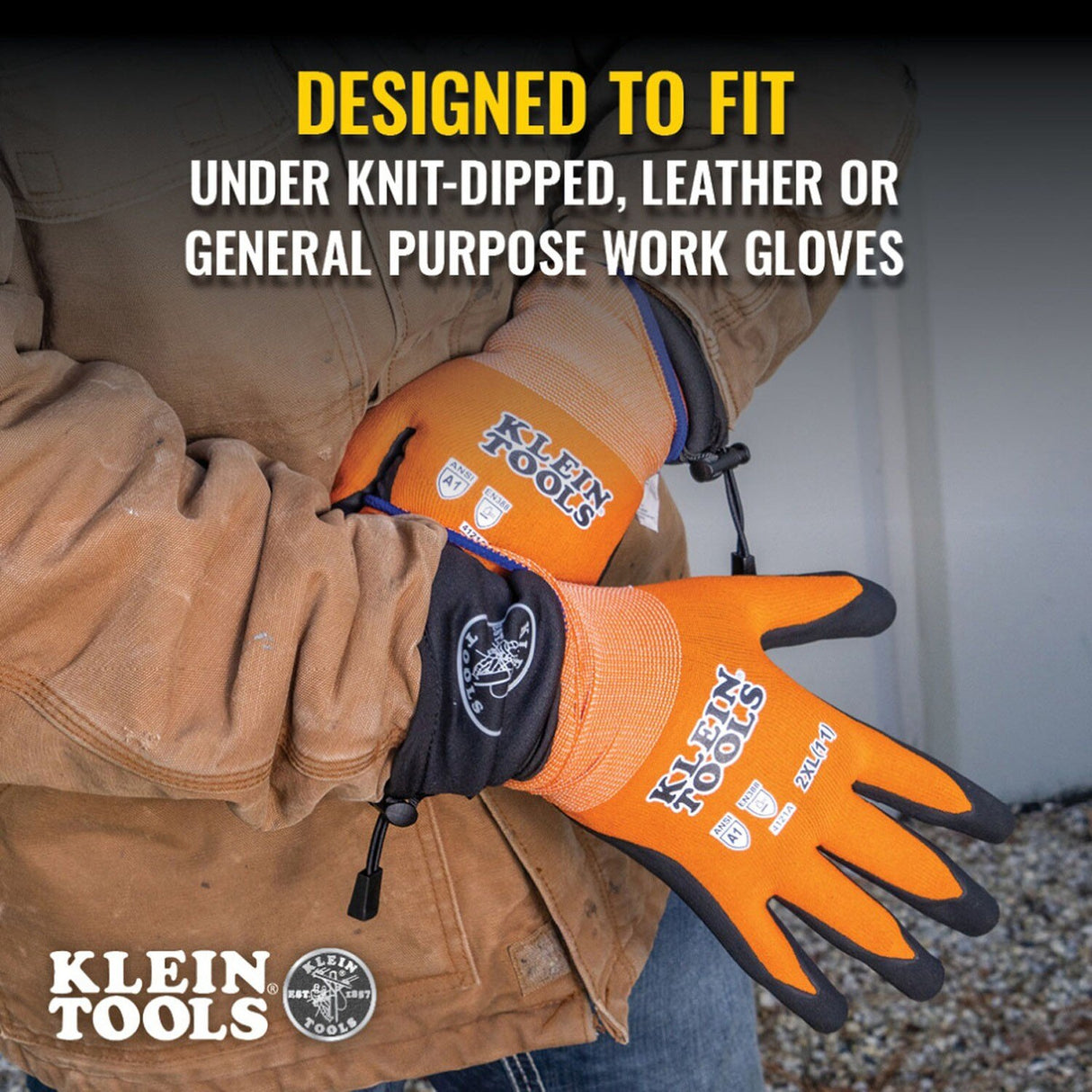Klein 60795 Rechargeable Heated Work Glove Liners with Knit Dipped Gloves, Large - 6