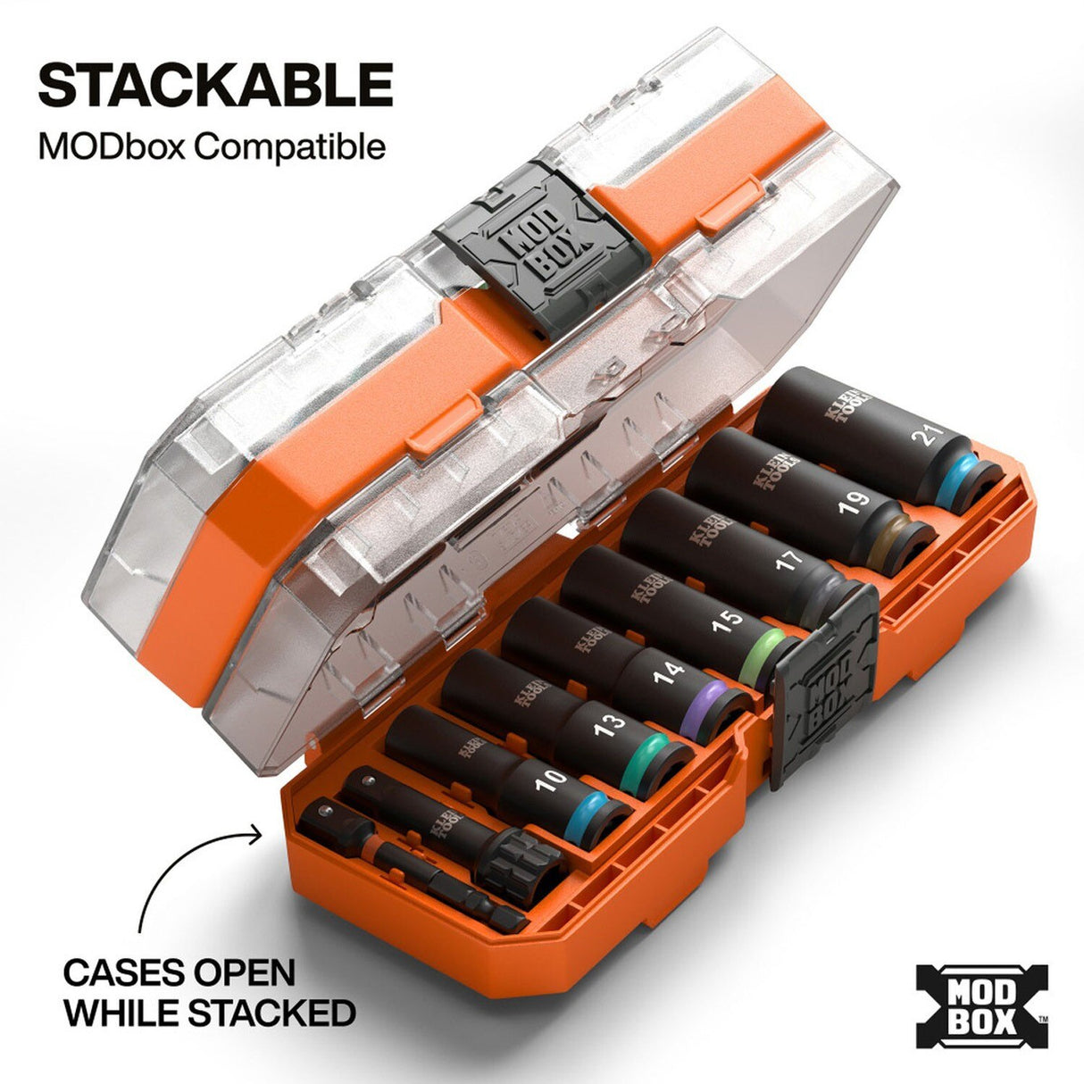 Klein 65109IMPCTM Deep-Well 3/8-Inch Drive Impact Socket Set, Metric, 6-Point Hex with Adapters and MODbox Compatible Case (9-Piece) - 6