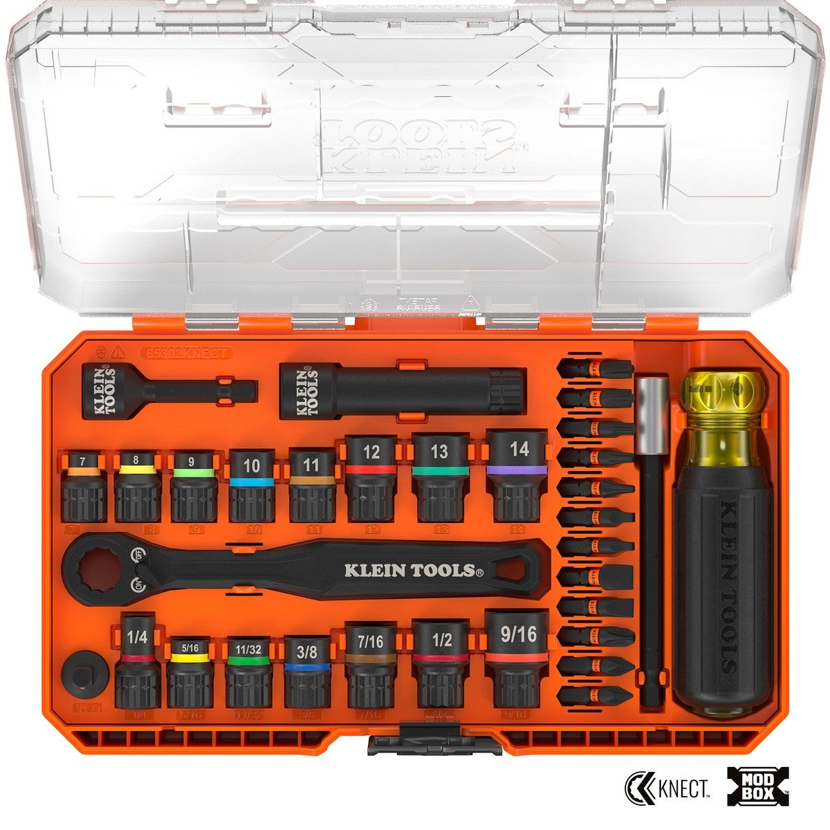 Klein 65302KNECT KNECT Pass Through and Impact Socket Set SAE and Metric 1/4" Drive with MODbox Case (33 Piece)