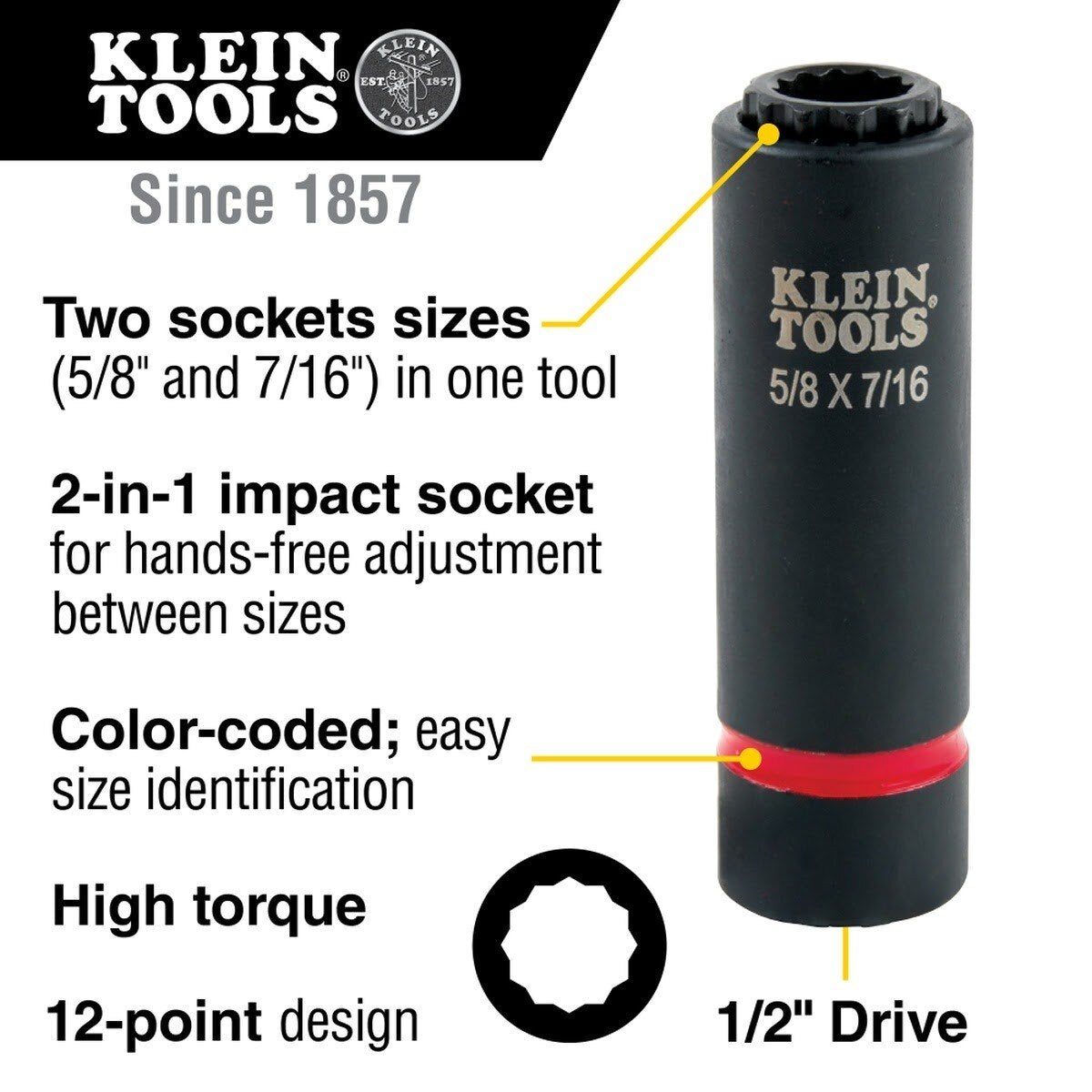 Klein 66012 2-in-1 12-Point Impact Socket, 5/8 in. x 7/16 in., 1/2 in. Drive - 2