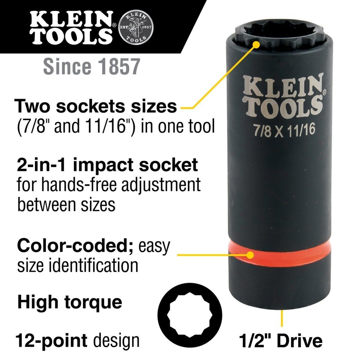 Klein 66014 2-in-1 12-Point Impact Socket, 7/8 in. x 11/16 in., 1/2 in. Drive (Each) - 2