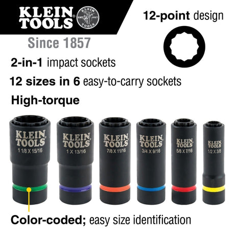 Klein 66015 2-in-1 Impact Socket, 12-Point, 1 in. and 13/16 in., 1/2 in. Drive - 2