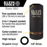 Klein 66052E 2-in-1 Metric 12-Point Impact Socket, 24 x 19 mm, 1/2 in. Drive - 2