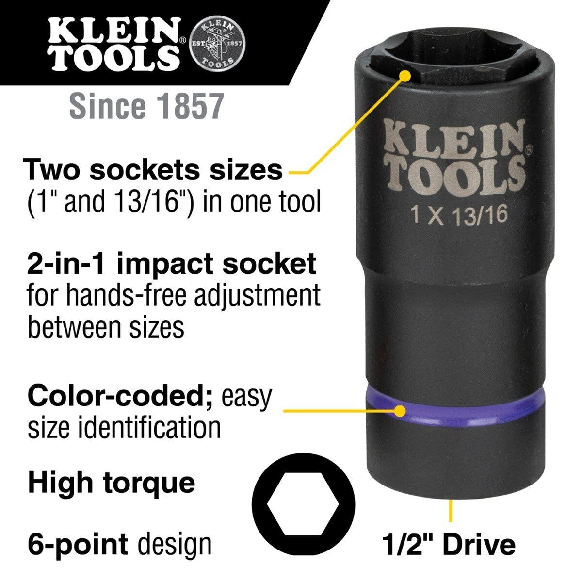 Klein 66065 2-in-1 6-Point Impact Socket, 1 in. and 13/16 in., 1/2 in. Drive (Each) - 2