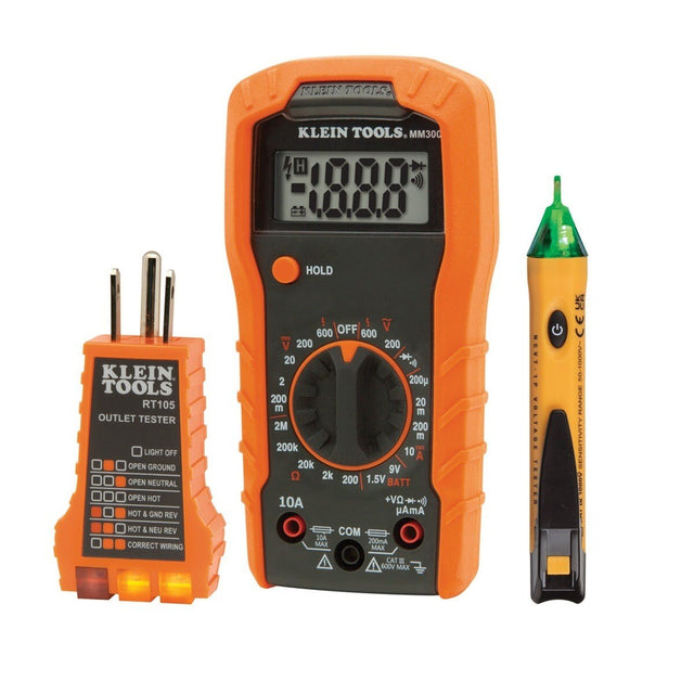 Klein 69149P Electrical Test Kit with MM300 Multimeter, NCVT-1P Non-Contact Voltage Tester and RT105 Receptacle Tester