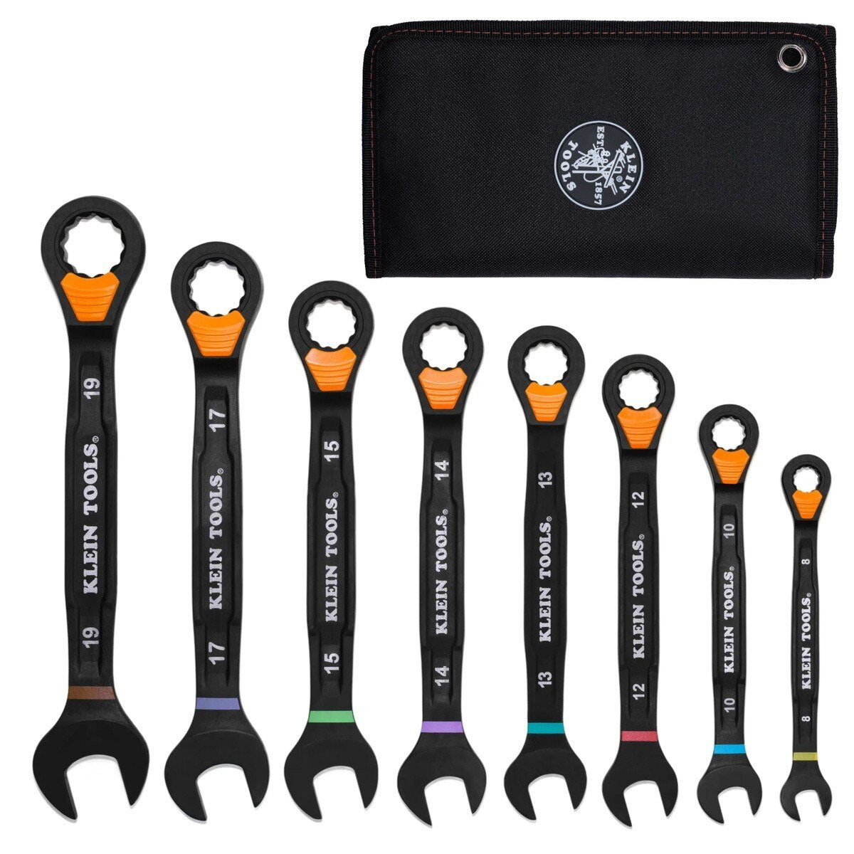 Klein 69508M Metric Ratcheting Combination Slide-Lock Wrench Set with Roll Pouch (8 Piece)