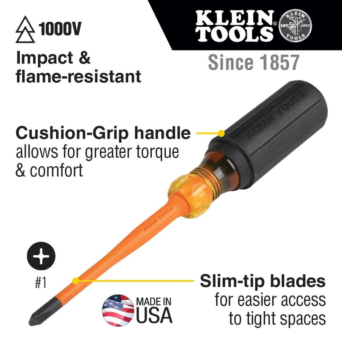 Klein 6956INS Slim-Tip 1000V Insulated #1 Phillips Screwdriver, 6-Inch Round Shank - 2