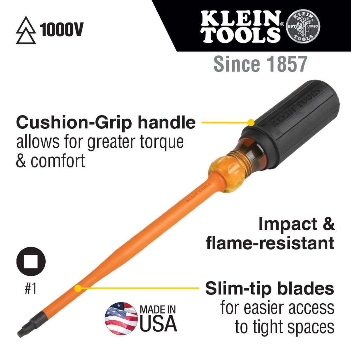 Klein 6984INS Slim-Tip 1000V Insulated #1 Square Screwdriver, 4-Inch Round Shank - 2