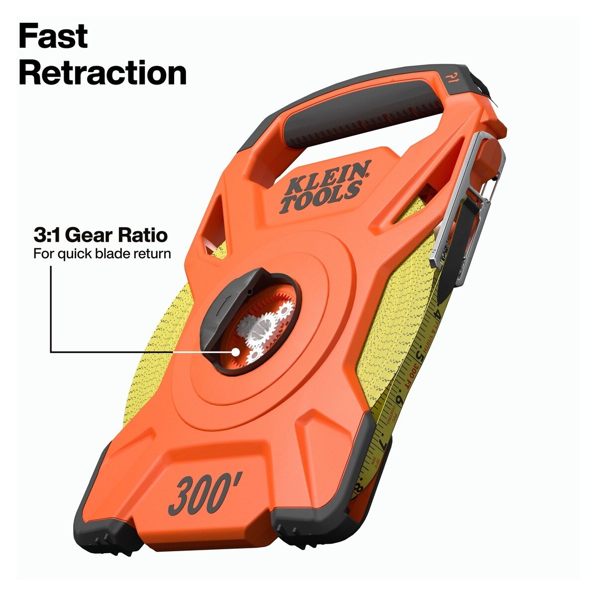 Klein 94300RT 300' Open Reel Tape Measure with Single Hook and Carabiner - 2